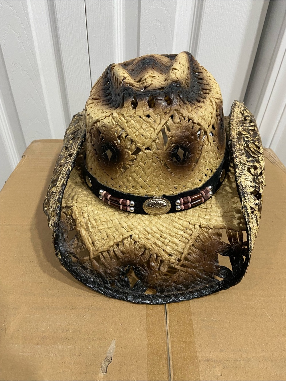 Distressed Western Express Straw Cowboy Hat with Beaded Band - Tan & Black NWT